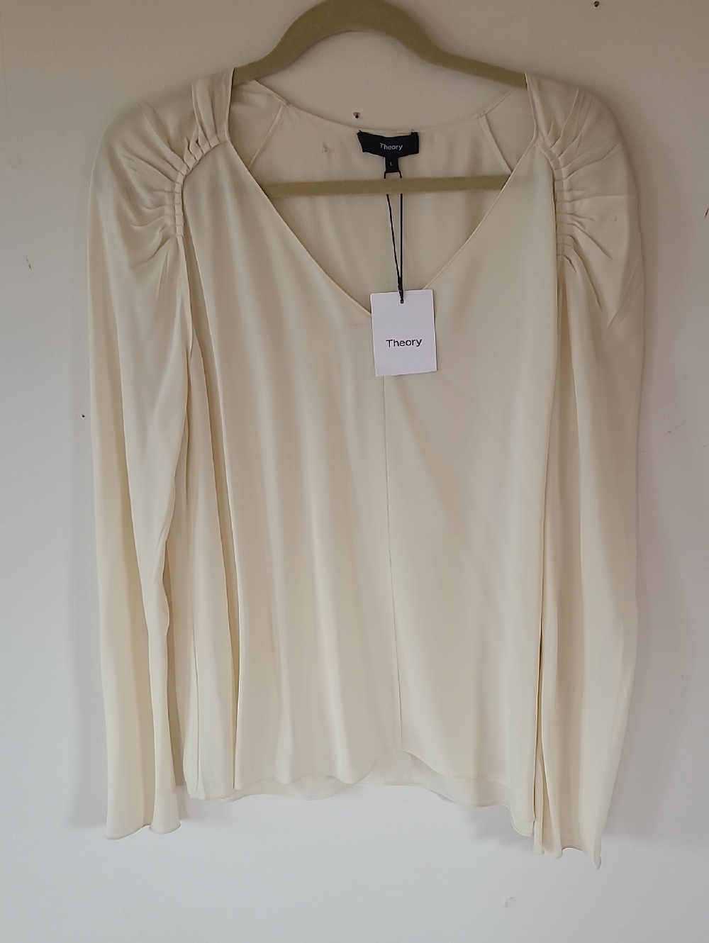 Theory Cream V-Neck Gathered-Shoulder Blouse. L